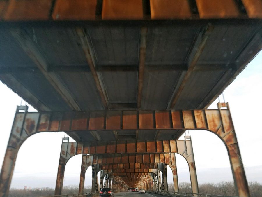Passing under a bridge in Cincinnati. 
