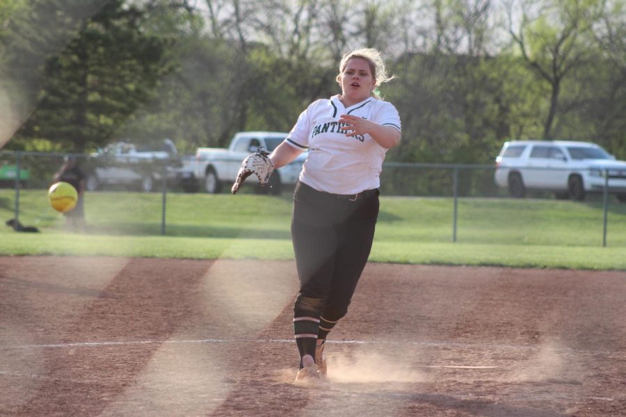 Senior Kiya McManus pitches one of the first pitches of the 6th inning.