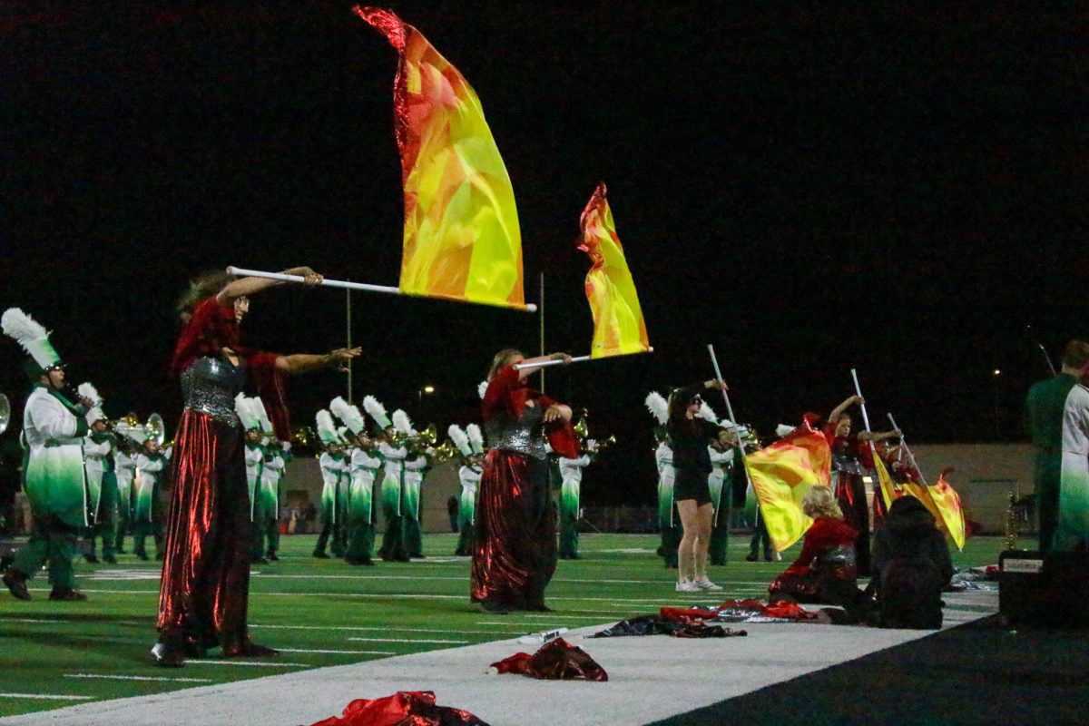 Band, Color Guard performing for football game halftime show.