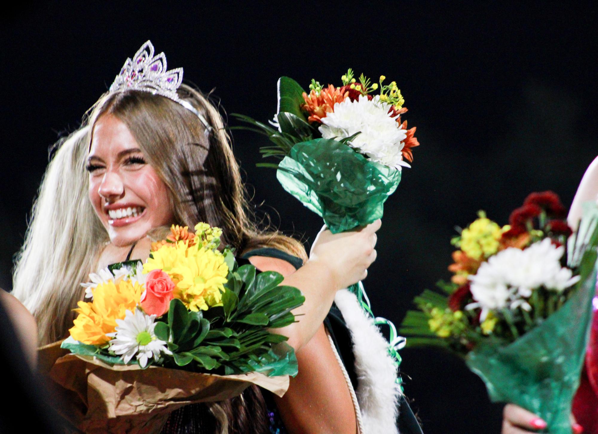 Seniors Delaney Francis and Mallory Baker hug. 