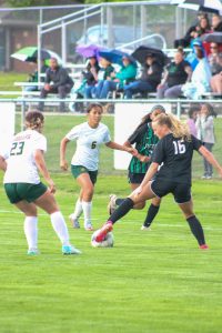 Derby High varsity soccer girls against Salina South and Derby wins 2-0, with the winning goal being a corner kick.