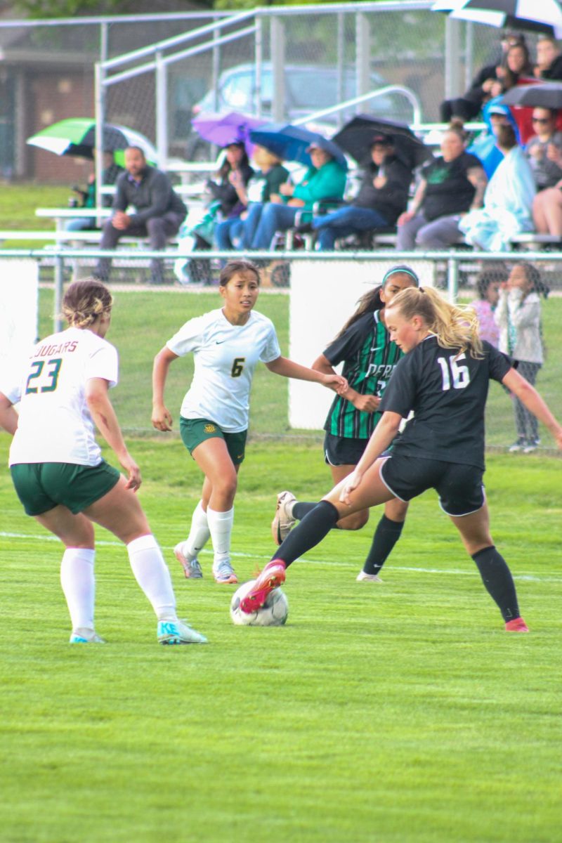 Derby High varsity soccer girls against Salina South and Derby wins 2-0, with the winning goal being a corner kick.