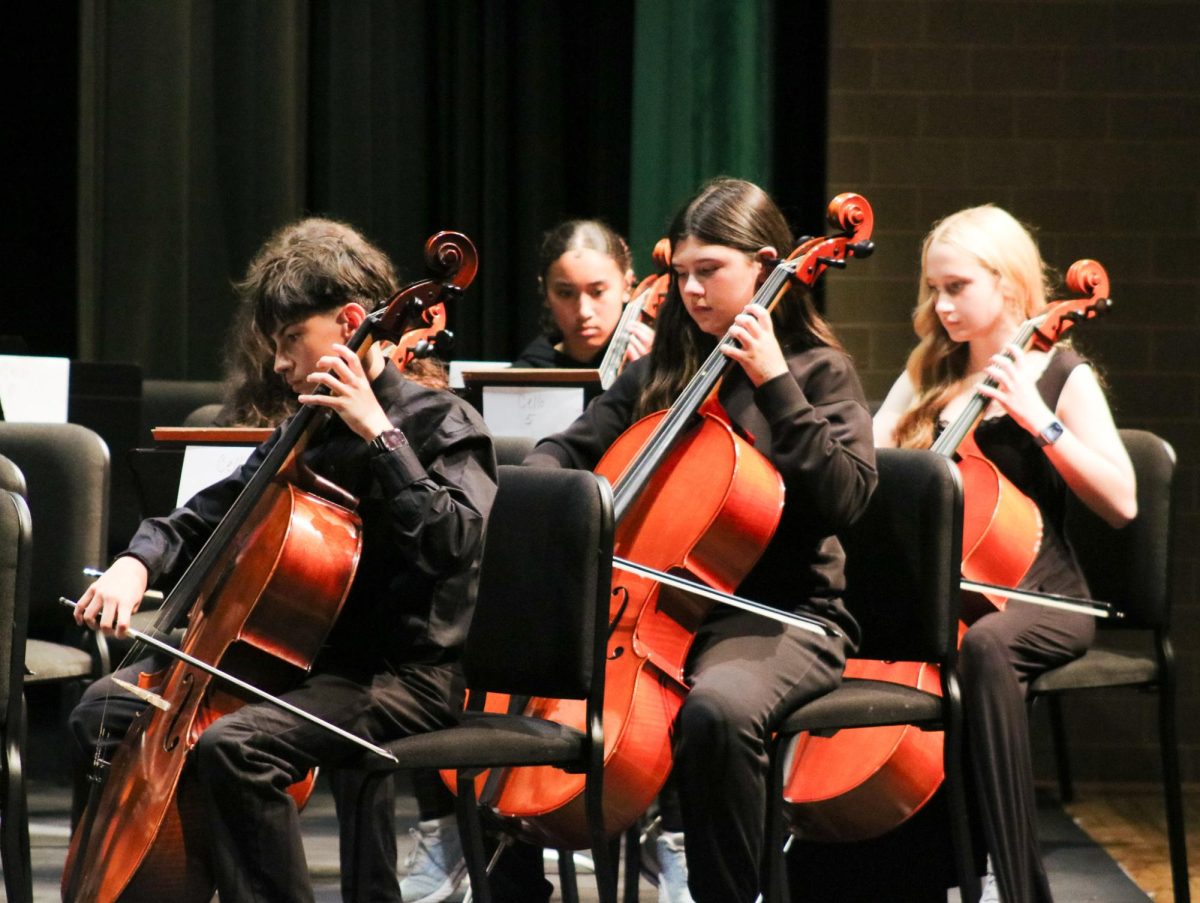 The middle school orchestra cello player performs music.