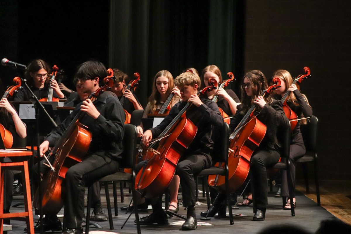 Cello players perform music. 