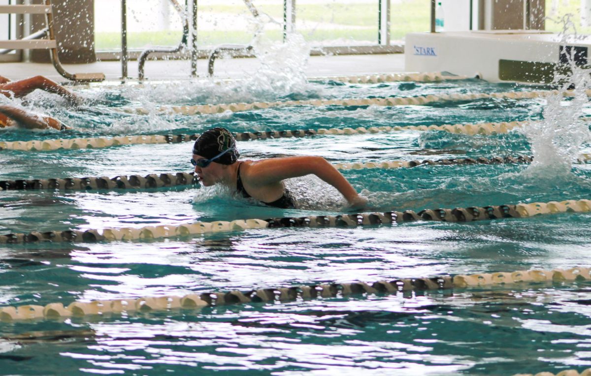 Freshman Emily Erickson swims butterfly.