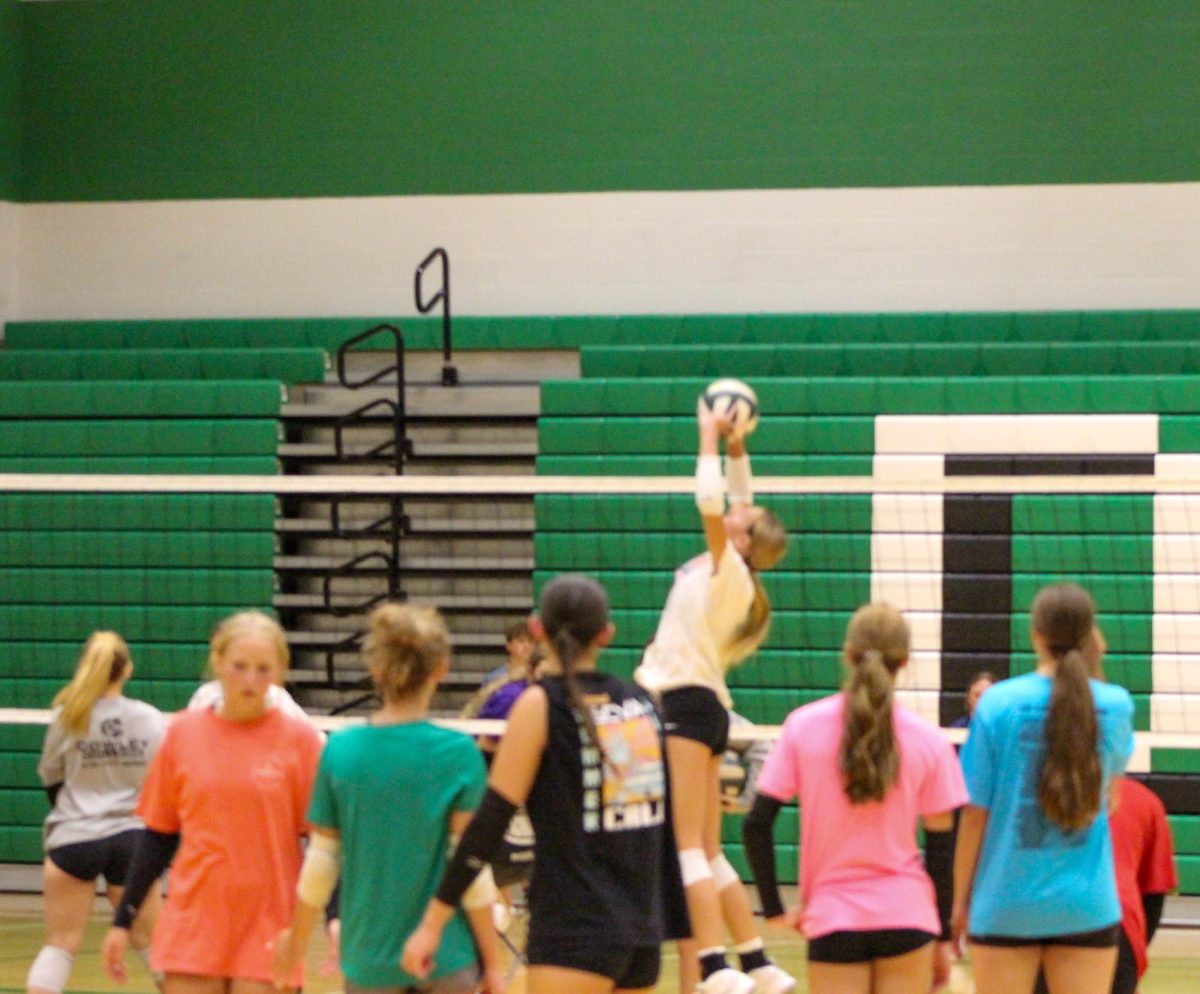 Teammates watch as player sets the ball over the net.