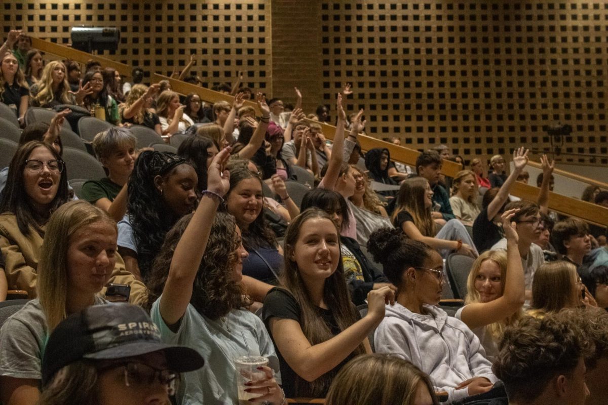 Derby North Middle School students raise their hands.