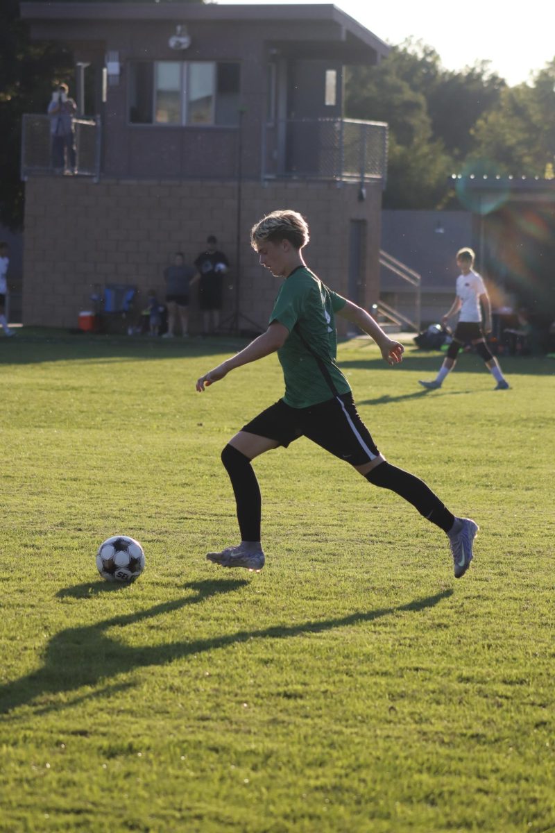 Soccer player prepares to kick ball