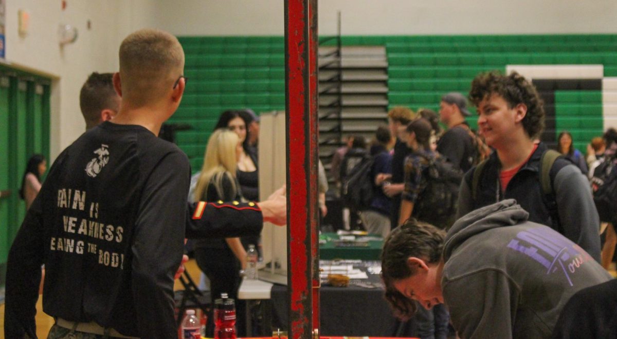 Students talk to college sponsor. 