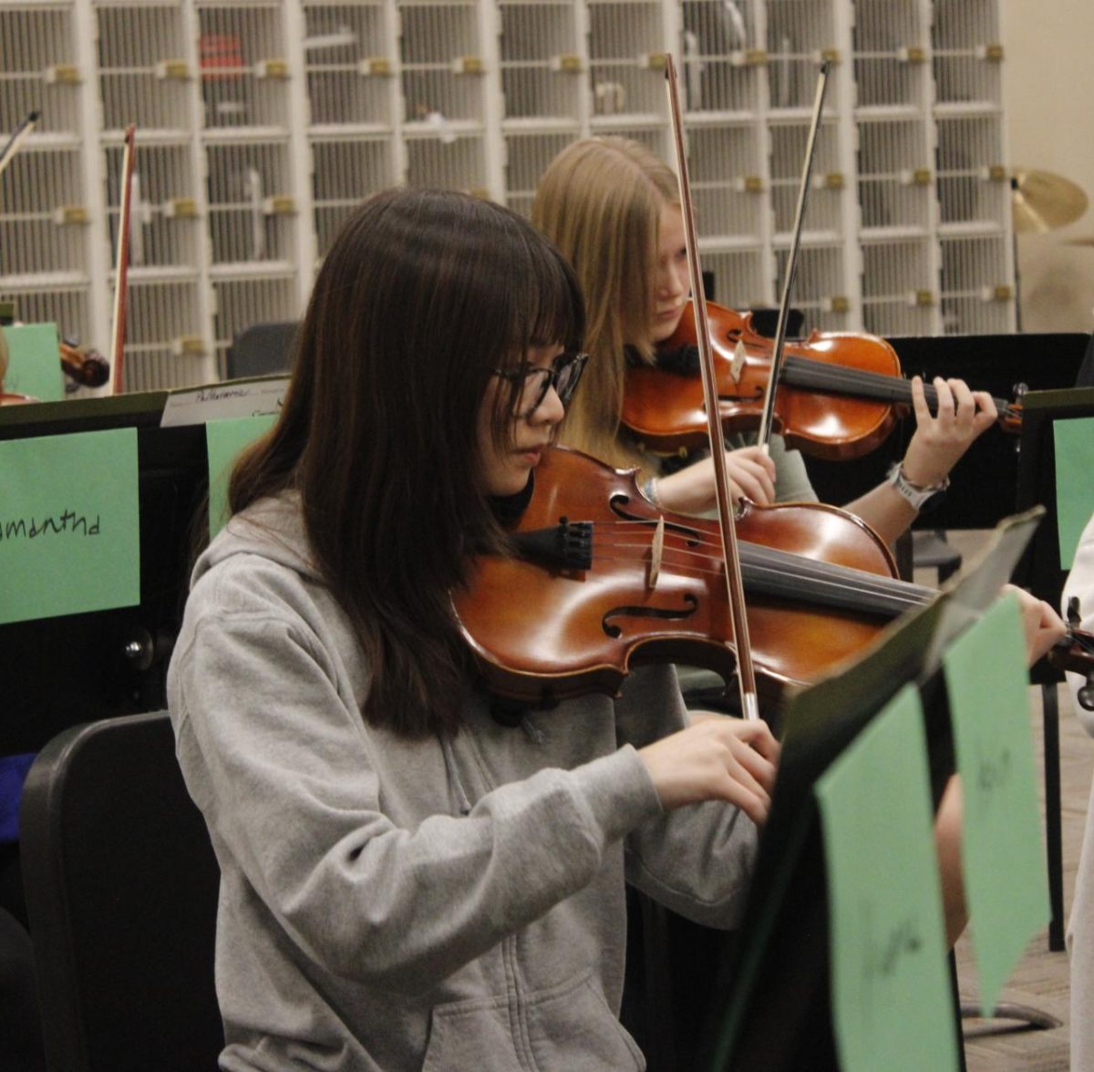 Violin player plays the music piece. 