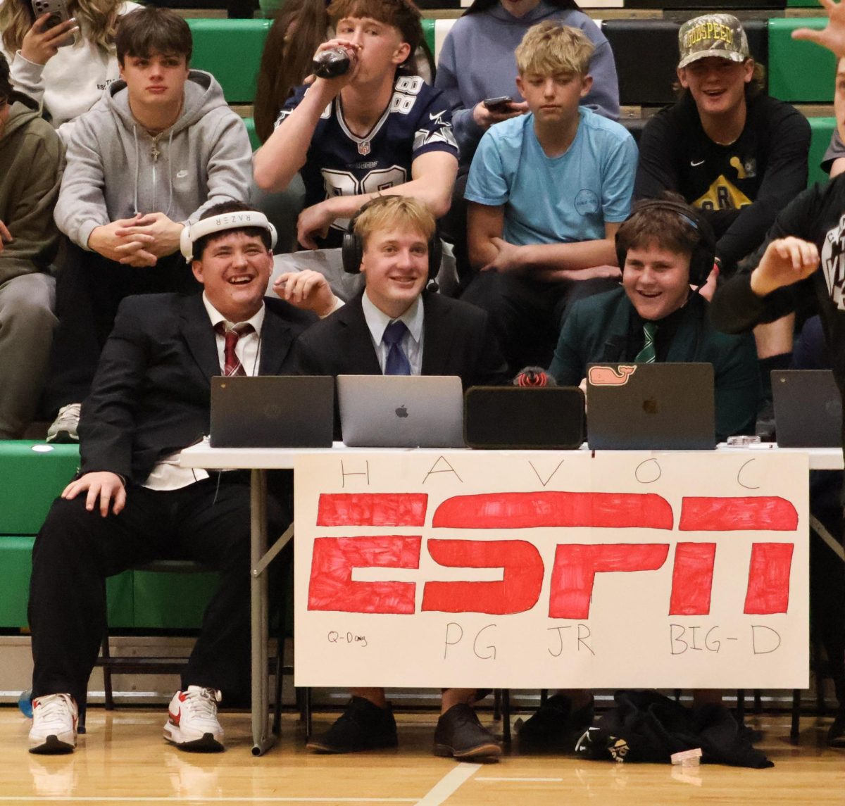 The panthers played against the Haysville Campus Colts 66-36 with the addition of an 'ESPN' table in the student section with commentary by seniors Quinlan Eagan, Peyton Goble, Jack Gage and Dalton Hornback.