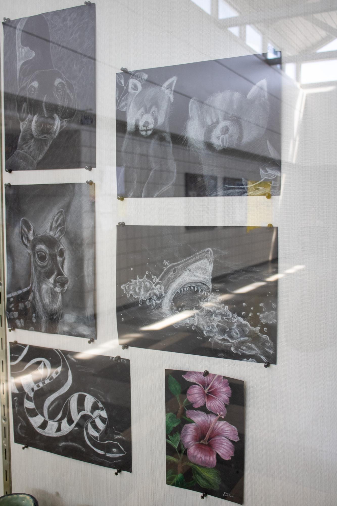 Art in K-Hall display case (Photos by Isaiah Gabriel)